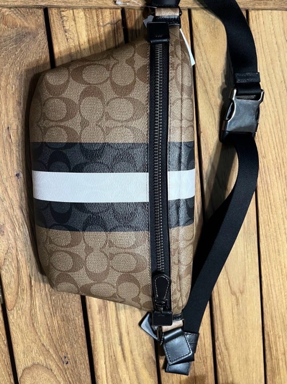 Coach Brown Signature Stripe Belt Bag with Black and White Accents